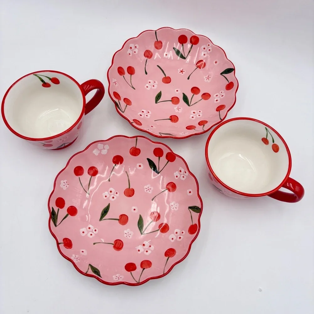 Potters Studio Cherry Blossom Bowl Cup Set Pedestal Mug Plate Pink Cottagecore